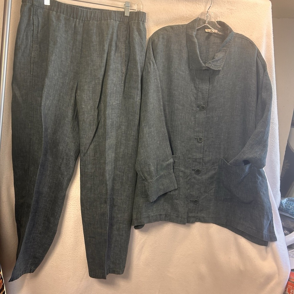 Eileen Fisher 2 piece Linen Long Sleeve Collared ButtonUp L Tunic Pull-up PantsM